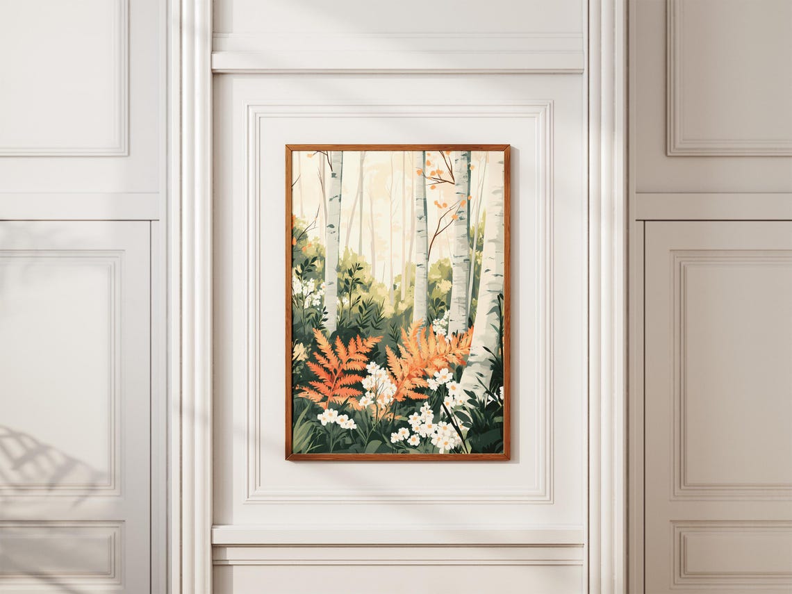 Birch Forest Glade With Orange Ferns And White Flowers Poster - Image 2