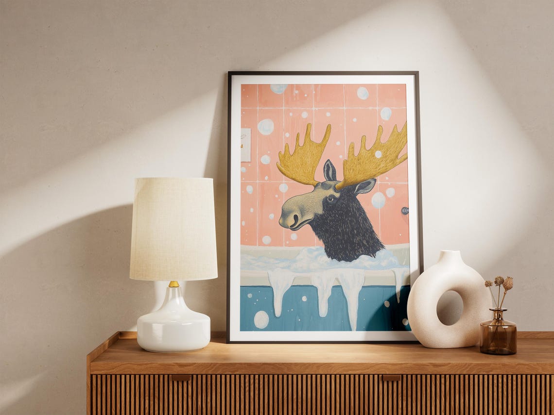 Golden Antlered Moose In Bubble Bath Peach Polka Dot Tile Poster - Image 5