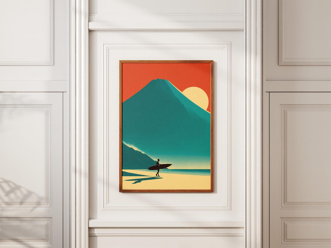 Warm Golden Big Retro Surfer Beach Walk Mountain Sunset Poster - Image 2