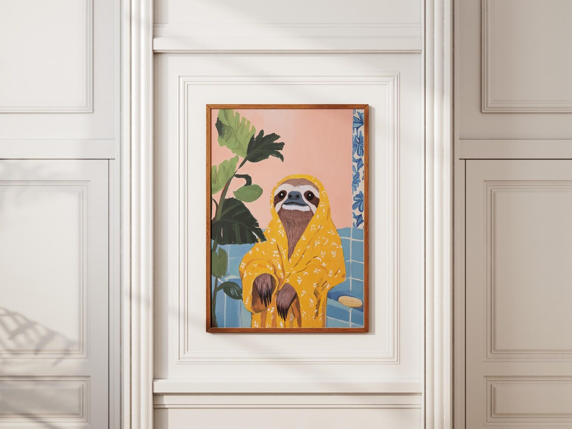 Sloth in Yellow Floral Bathrobe Tropical Bathroom Humor Poster - Image 2