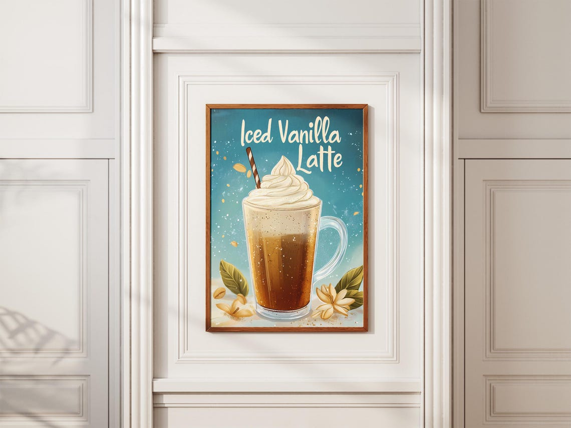 Iced Vanilla Latte Coffee Drink Poster Print Wall Art Kitchen Decor Coffee Shop Decor Caffeine Beverage Flatlay Illustration - Image 2
