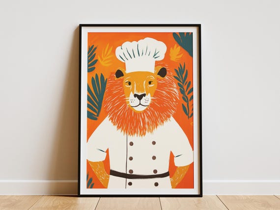 Lion Chef Art Print Funny Animal Poster Kitchen Quirky Wall Decor Whimsical Illustration Lover