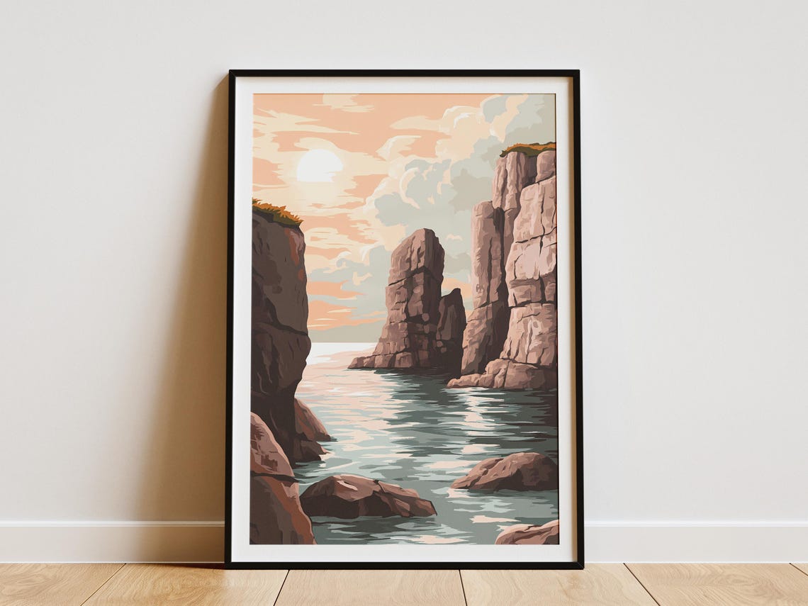 Rose-Colored Cliffs Around a Quiet Sunset Cove Seascape Poster