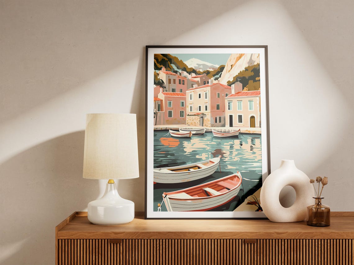 Mediterranean Harbor Village With Moored White Rowboats Poster - Image 5