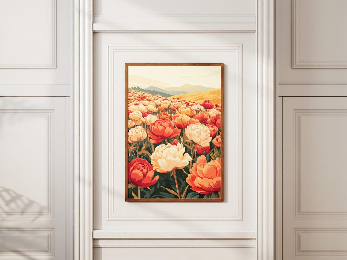 Red Coral Peony Flower Field at Sunrise Rolling Hills Art Poster - Image 2