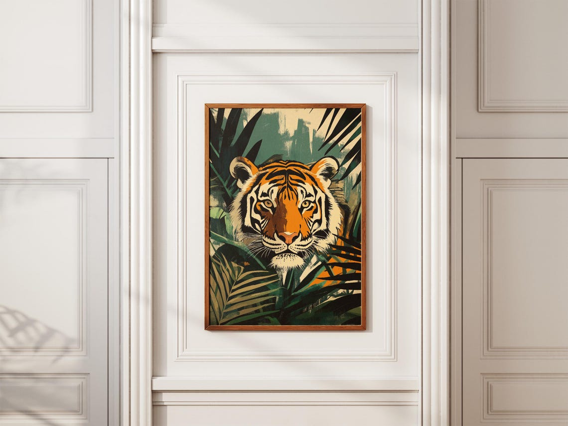 Tiger Face Emerging From Lush Jungle Leaves Retro Style Poster - Image 2