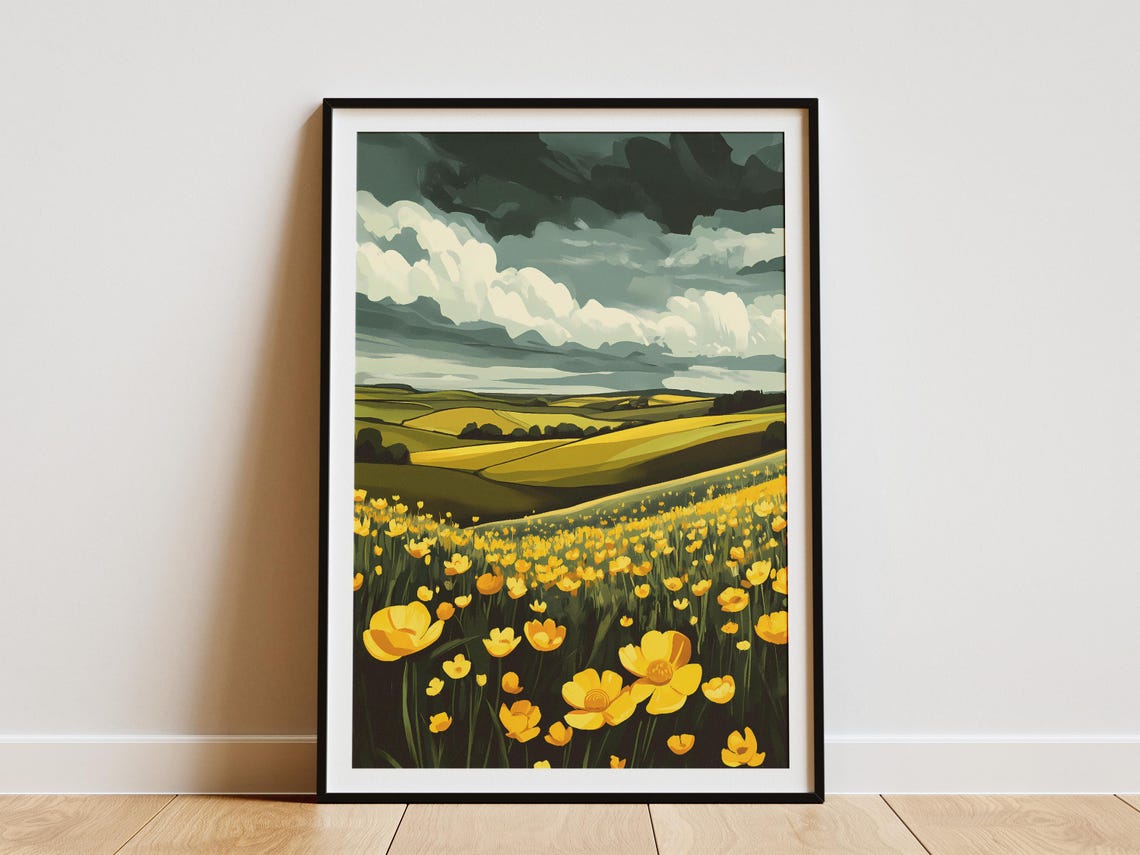 Buttercup Field Under Moody Clouds Golden Meadow Scene Poster