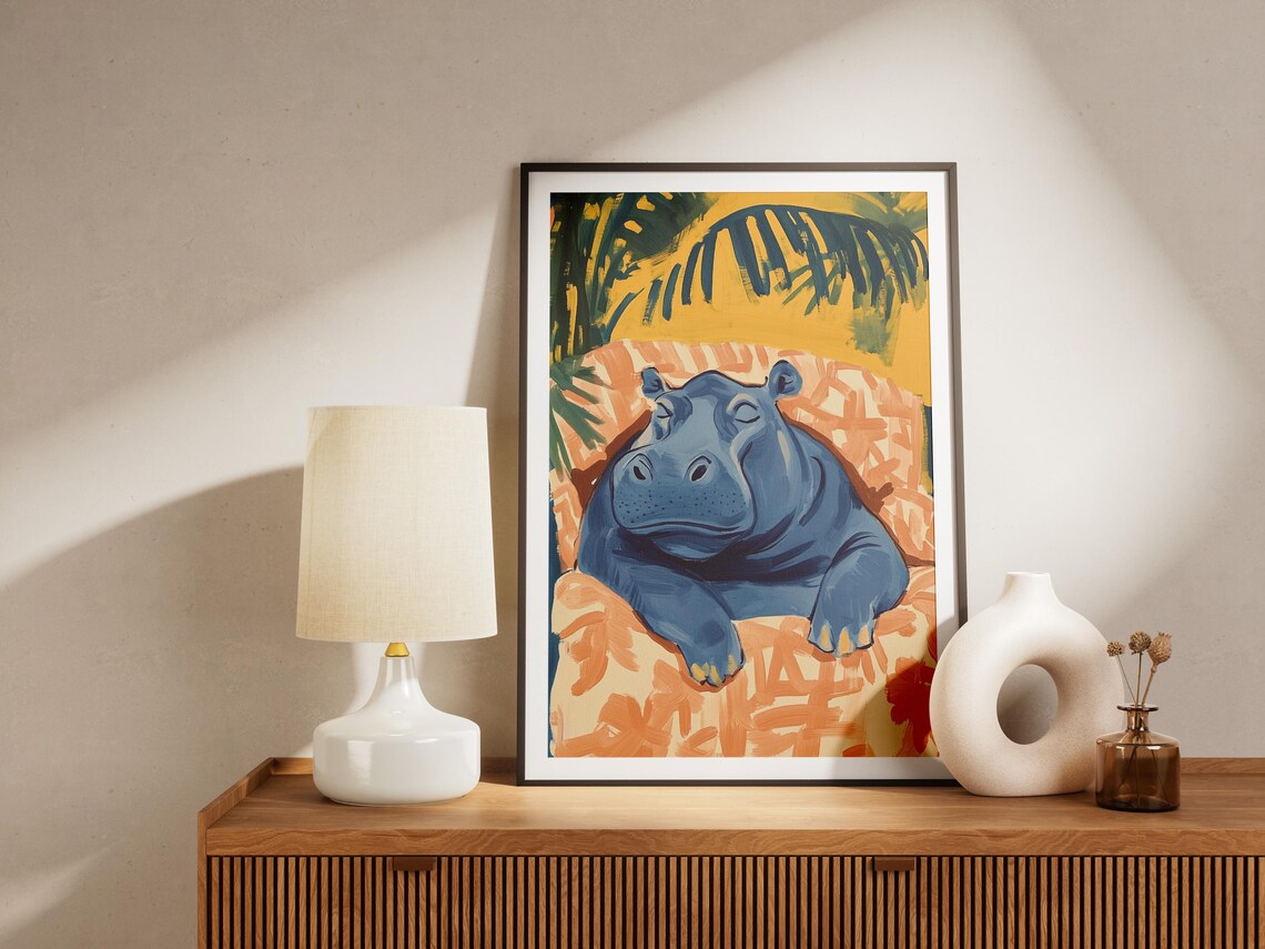 Blue Hippo Lounging in Orange Water Palm Leaves Matisse Poster - Image 4