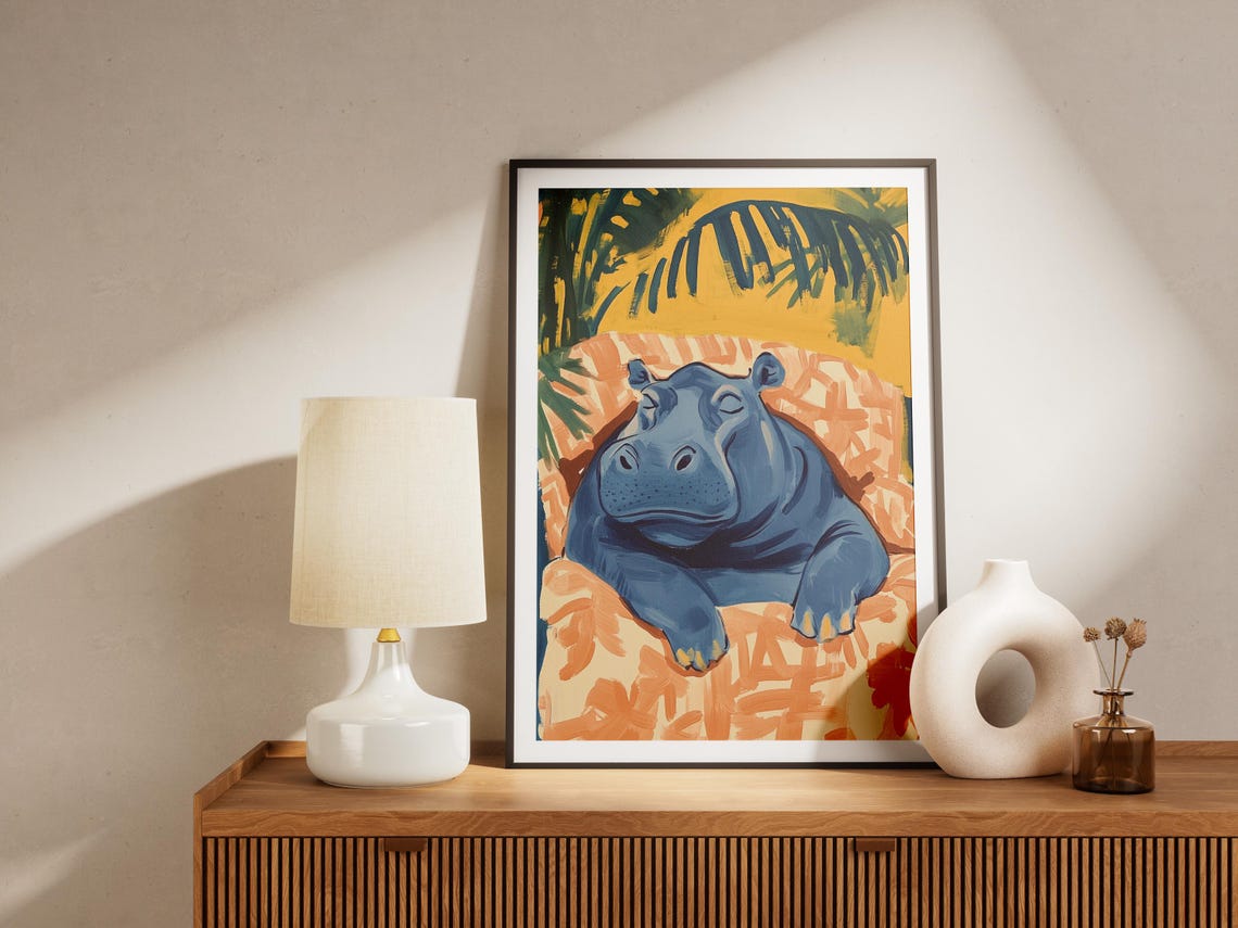 Matisse Inspired Sleeping Hippo Art Print Colorful Gouache Style Painting Abstract Animal Wall Decor Nursery Room Boho Jungle - Image 4