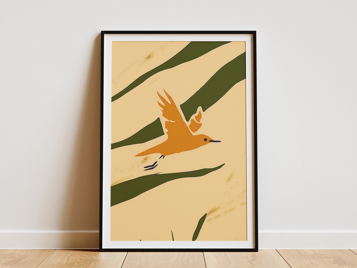 Orange Flying Bird Abstract Minimalist Nature Modern Art Print