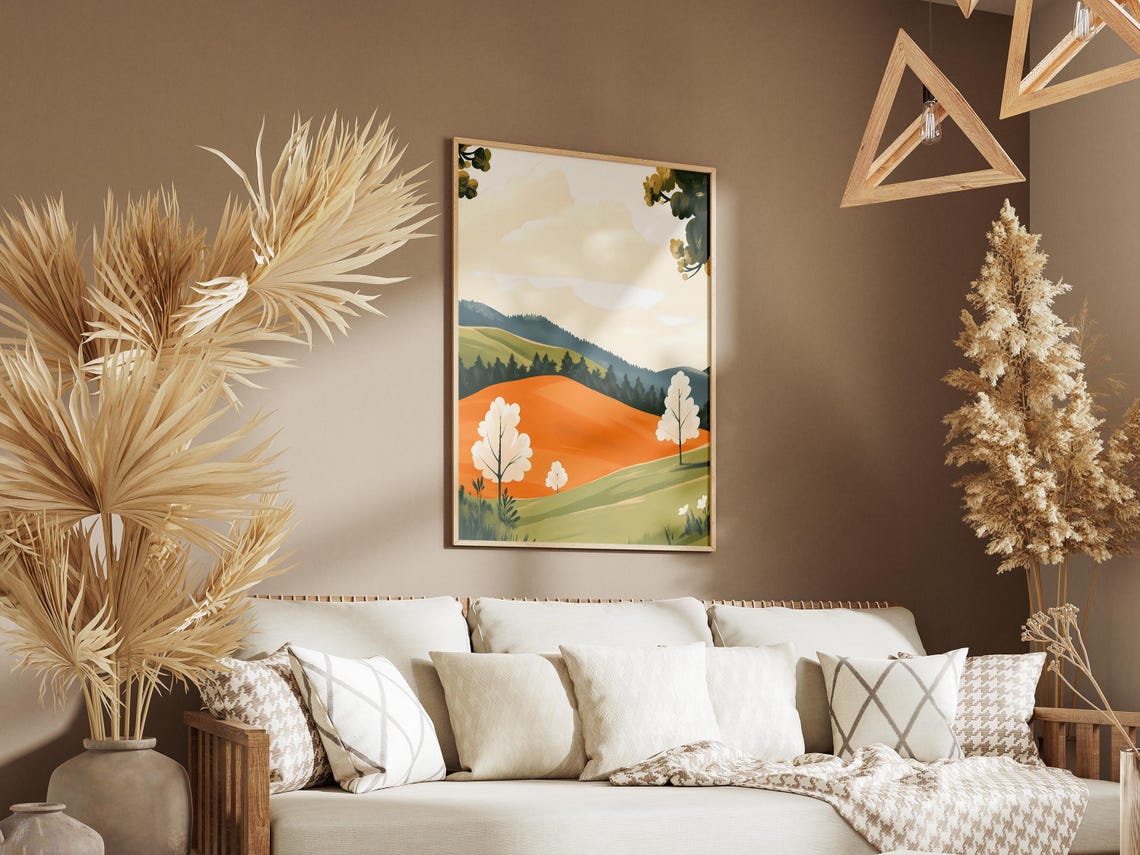 Orange Hill With White Spring Trees Minimalist Modern Landscape Poster - Image 3