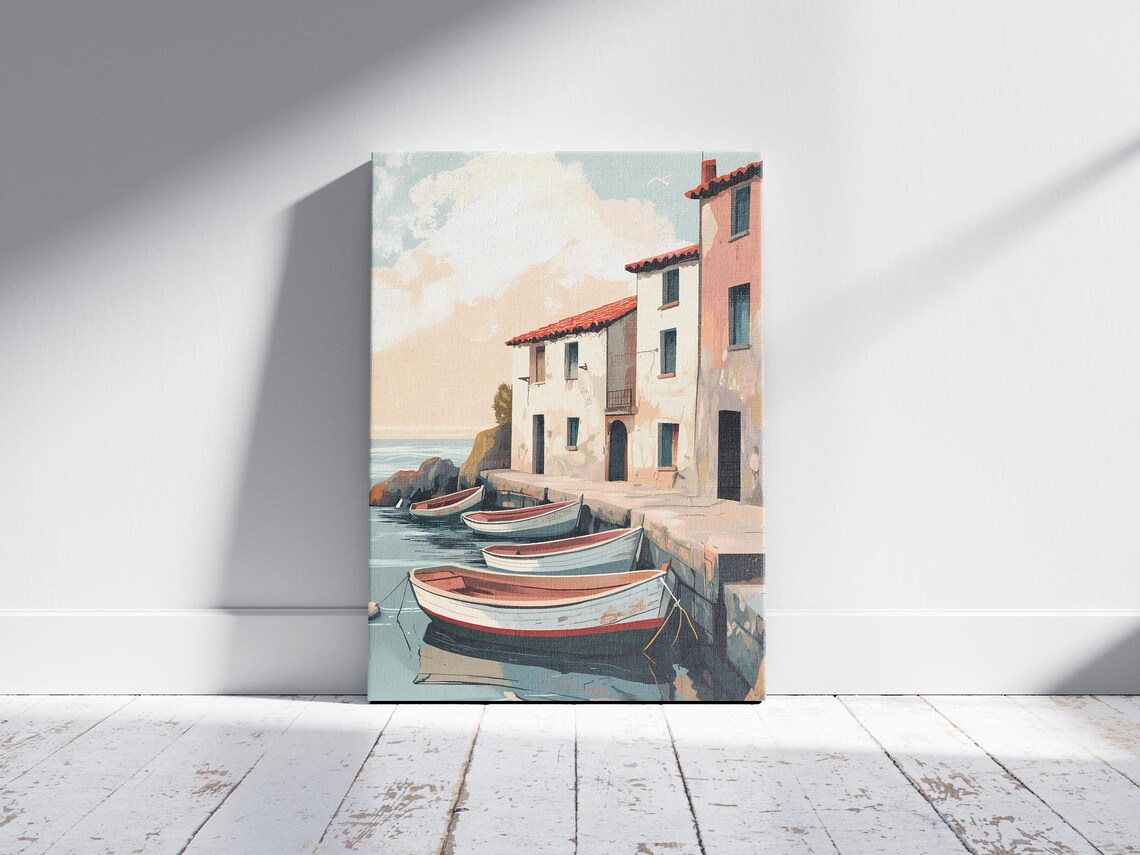 Mediterranean Harbor Fishing Boats Coastal Village Scene Poster - Image 2