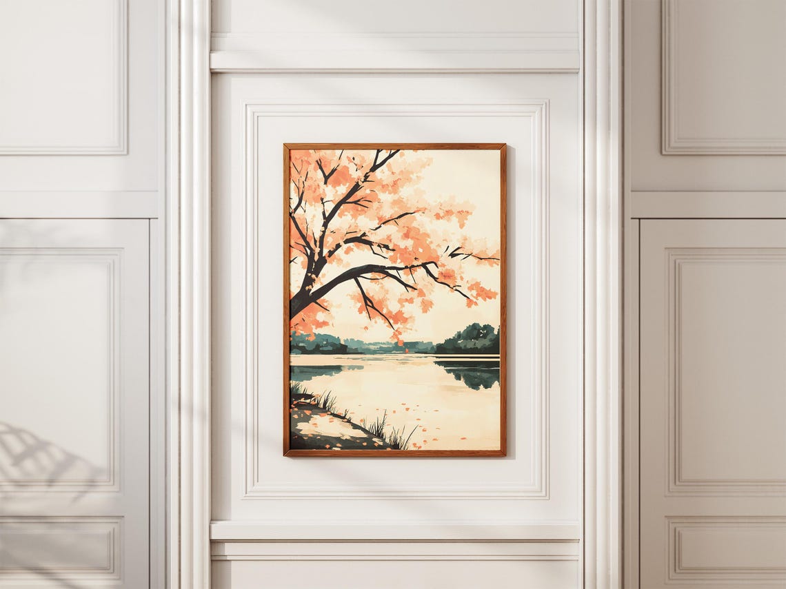 Blooming Peach Blossom Tree Over Still Lake In Spring Landscape Poster - Image 2