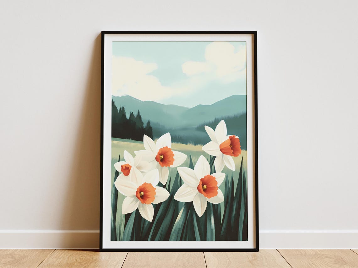 White Daffodils With Orange Cups In Green Valley Landscape Poster