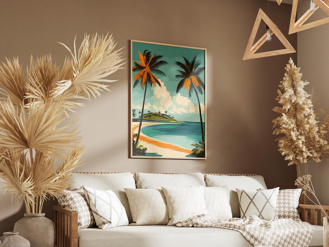 Tropical Beach with Twin Palm Trees Vintage Travel Poster Scenic - Image 3