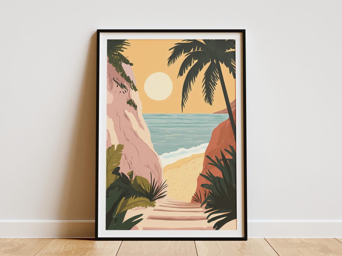 Secret Stone Stairs to Sunset Beach Cliffs Palms Coastal Wall Art