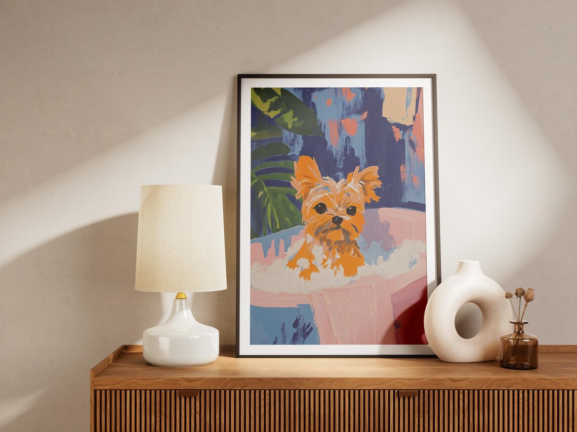 Yorkshire Terrier Splashing in Pink Bathtub Funny Dog Art Poster - Image 4