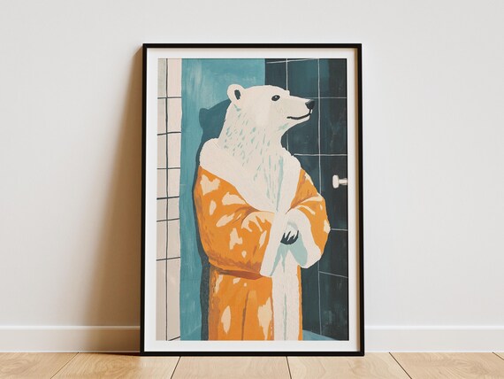 Smiling Polar Bear In Orange Bathrobe Retro Bathroom Art Poster
