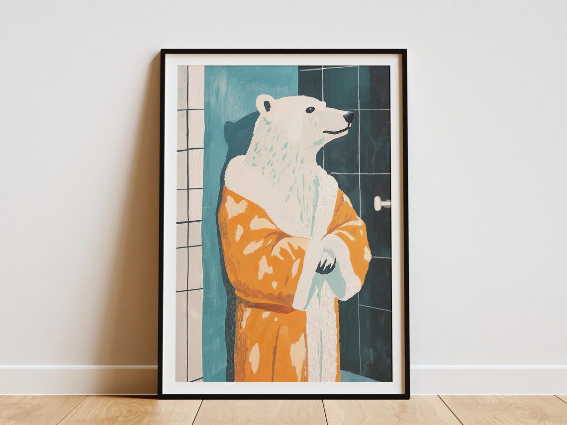 Smiling Polar Bear In Orange Bathrobe Retro Bathroom Art Poster