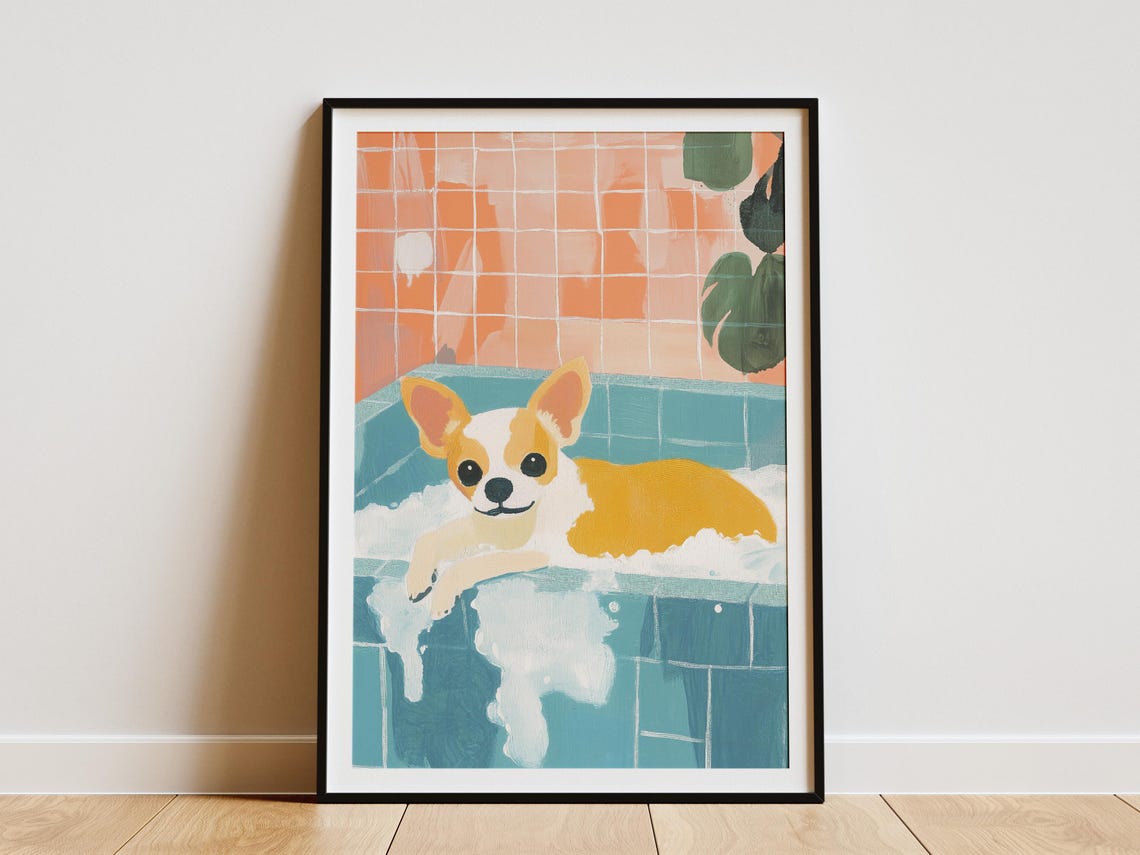 Chihuahua Bubble Bath Relaxing Teal Bathroom Funny Dog Poster