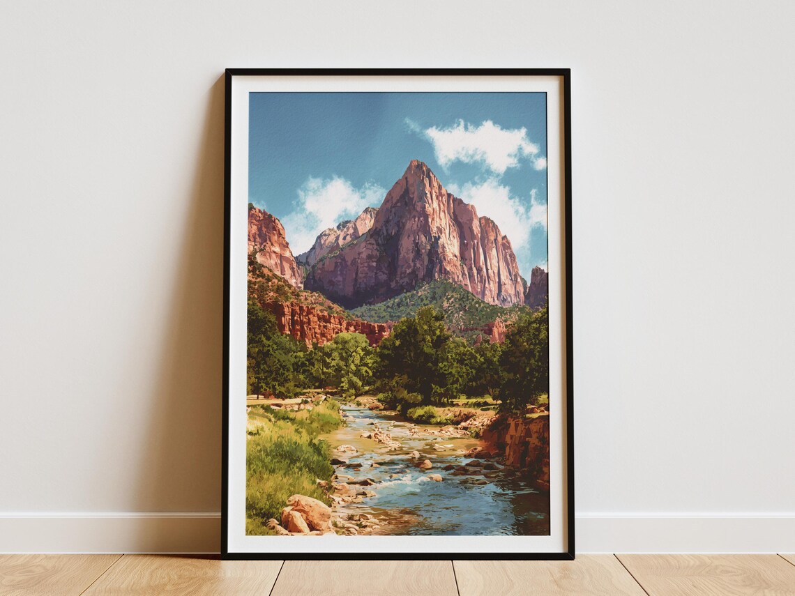 Zion National Park Red Sandstone Peak River Bend Travel Poster