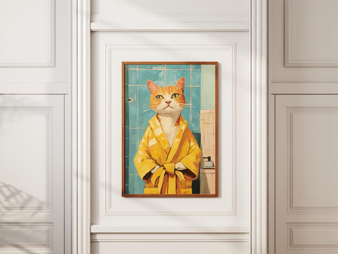 Confident Orange Tabby Cat Modeling a Sunny Yellow Bathrobe Poster - Image 2