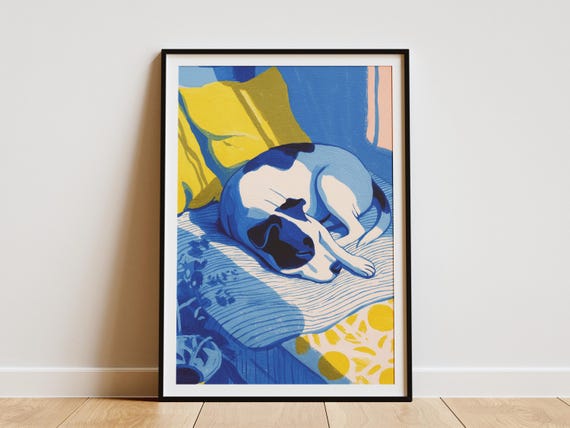 Staffordshire Terrier Sleeping Dog Wall Art Print Matisse Style Abstract Minimalist Pet Poster Blue Yellow Home Decor Lover Gift