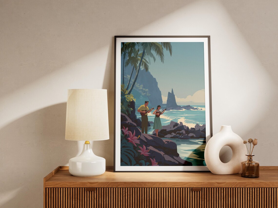 Hawaiian Ukulele Duo Vintage Travel Style Coastal Art Poster - Image 4