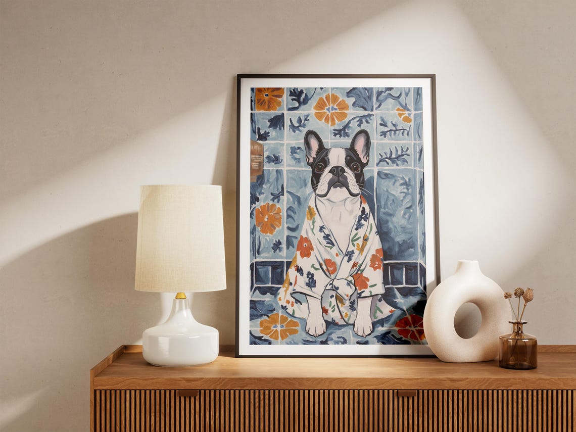 French Bulldog Bathrobe Dog Art Print Dog Poster French Bulldog Gift Dog Lover Gift Cute Dog Bathroom Decor Floral Dog - Image 5