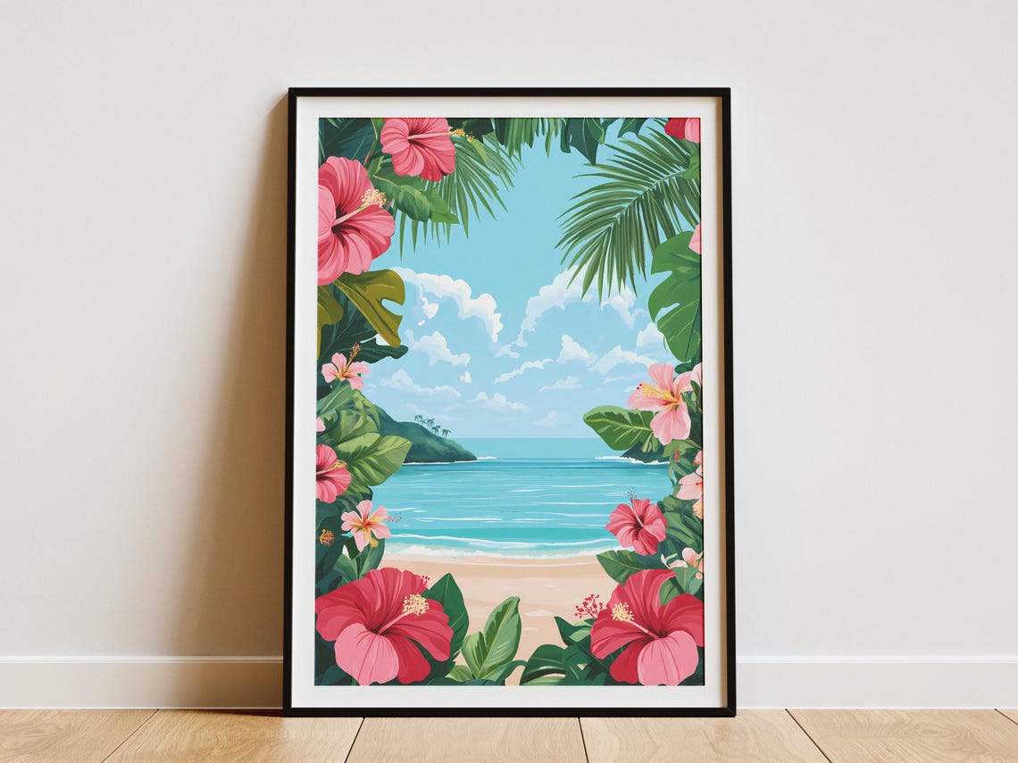 Pink Hibiscus Flowers Framing A Tropical Beach View Art Poster