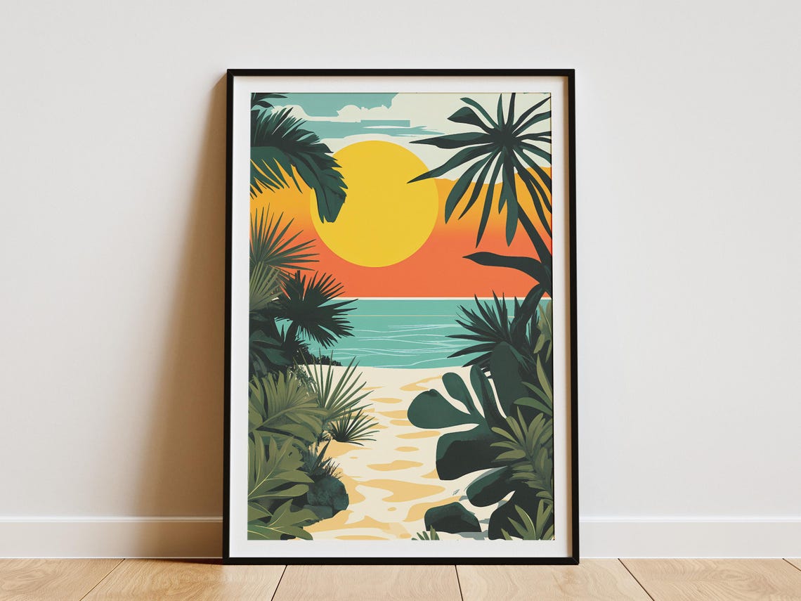 Tropical Beach Sunset Framed By Palm Leaves Vintage Art Poster