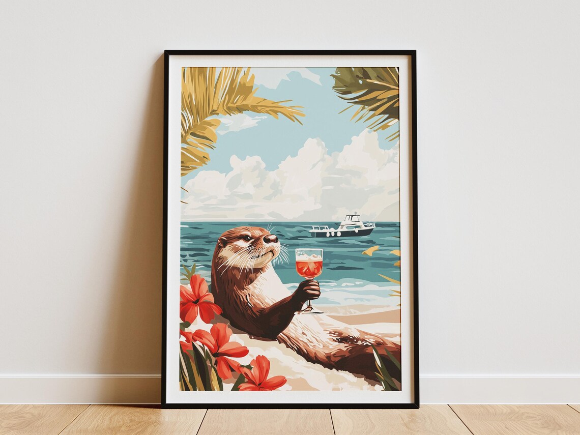 Beach Otter Holding a Glass of Wine Among Hibiscus Flowers Poster