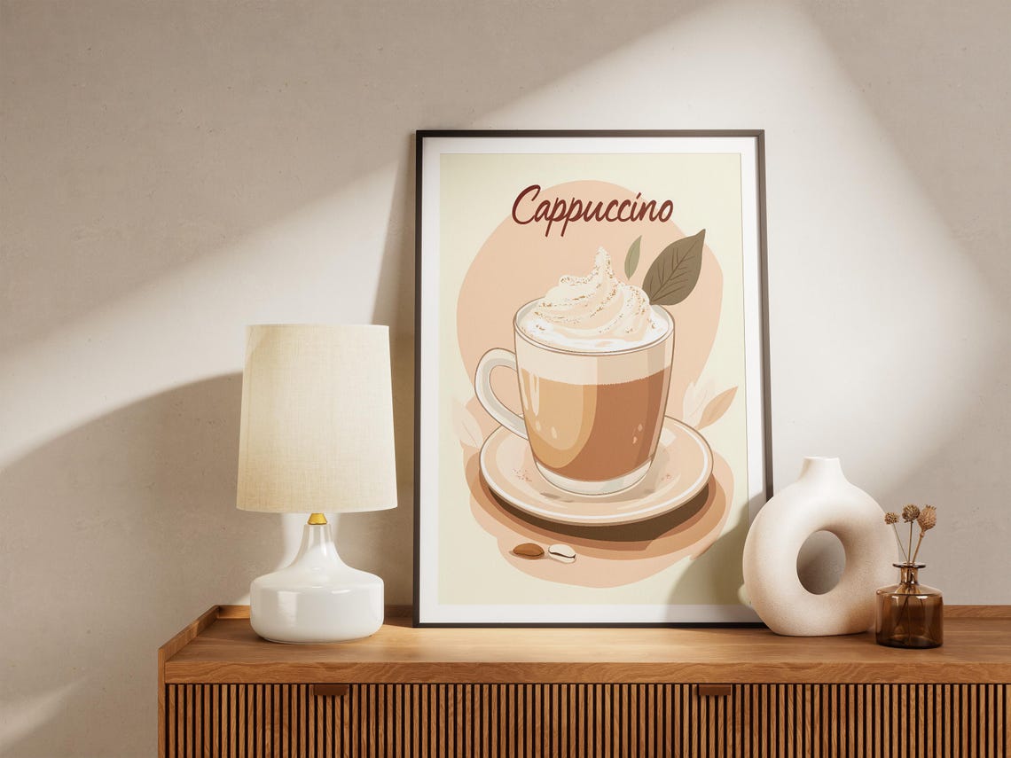 Cappuccino In Glass Mug With Whipped Cream Beige Cafe Wall Art - Image 5