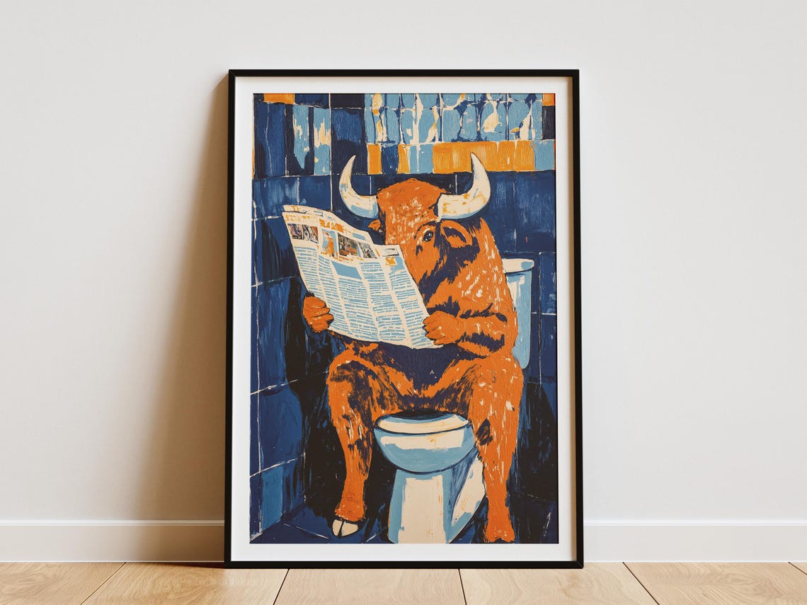 Orange Bison Reading the Newspaper While on the Toilet Poster