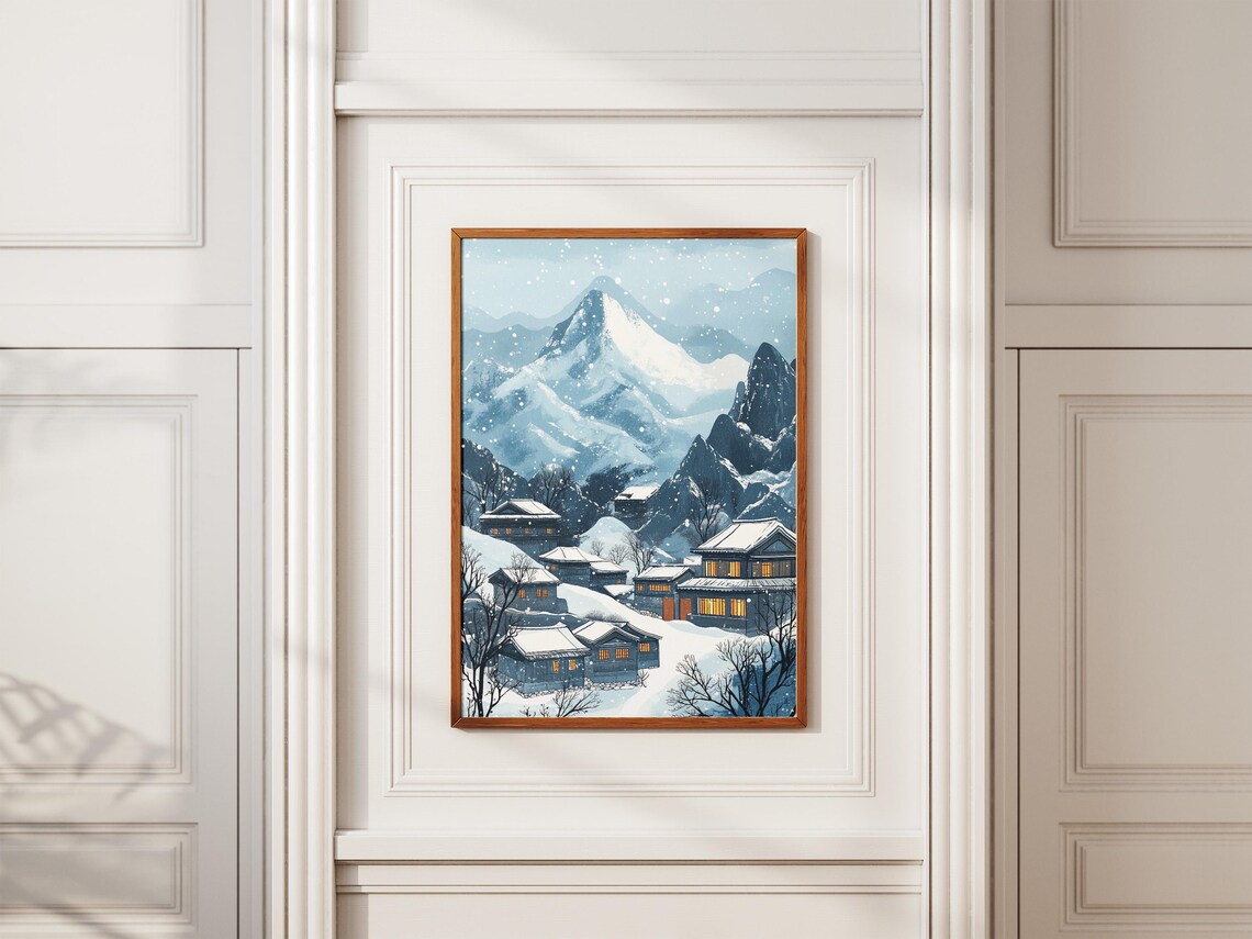Snowy Mountain Village with Glowing Windows Winter Asian Art Poster - Image 2