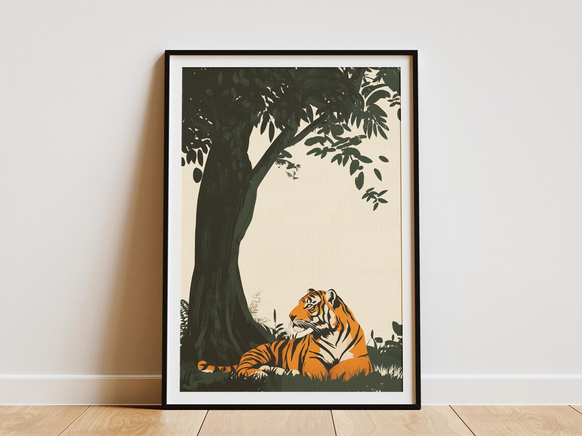 Tiger Resting Under Tree Minimalist Jungle Wildlife Nature Poster
