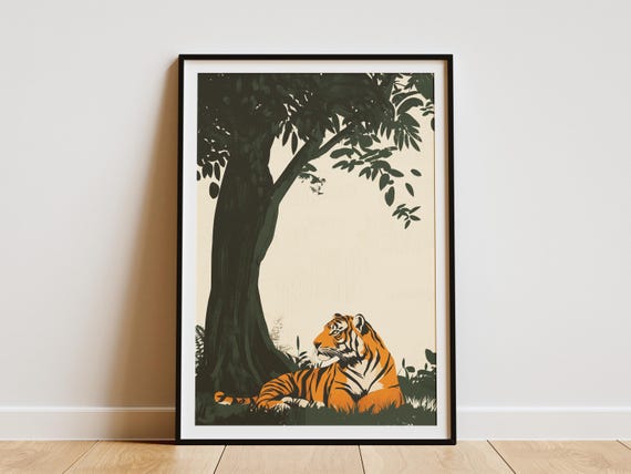 Tiger Under Banyan Tree Woodblock Print Animal Art Poster Nature Wall Decor Bengal Vintage Inspired Jungle Wildlife