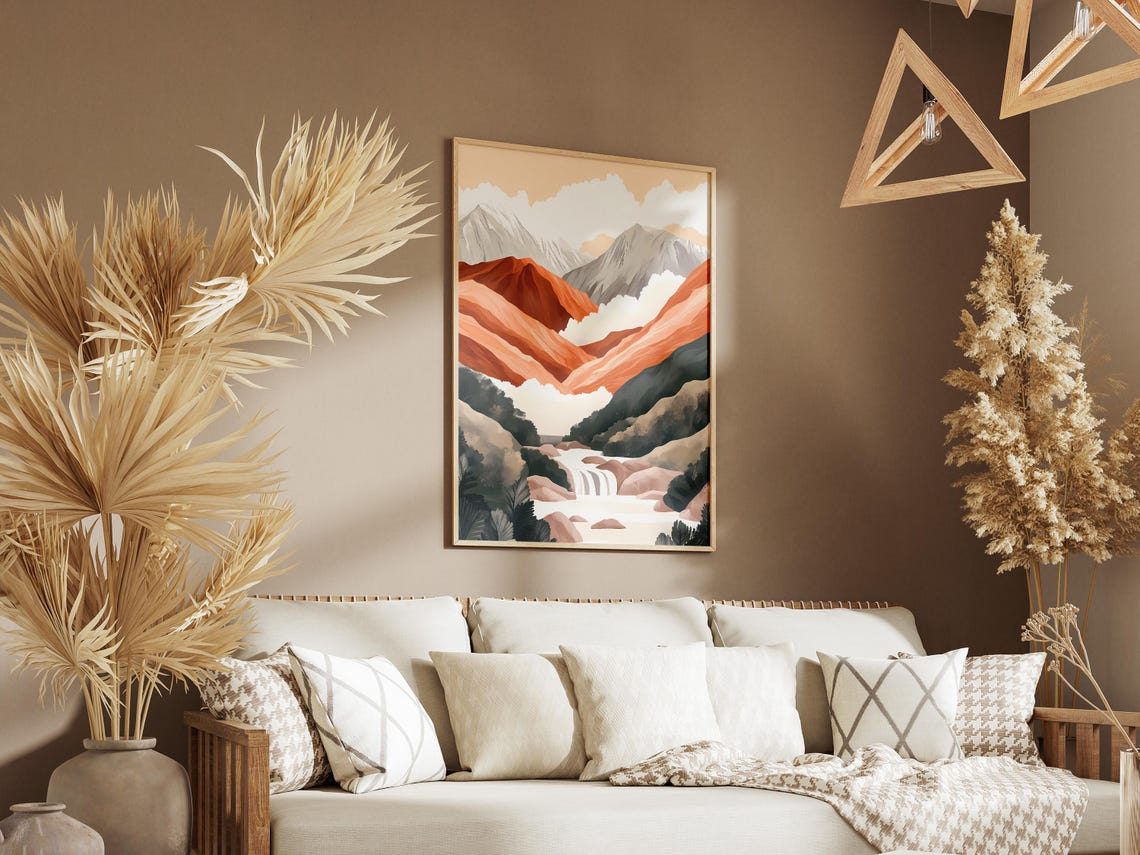 Abstract Orange Gray Mountain Range Waterfall Art Style Poster - Image 3