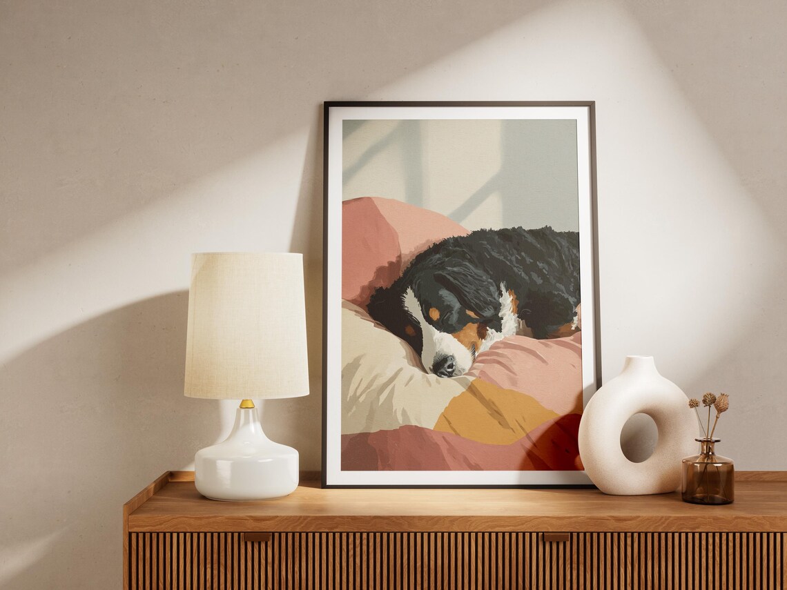 Bernese Mountain Dog Sleeping on Pink Bedding Cozy Pet Art Poster - Image 4