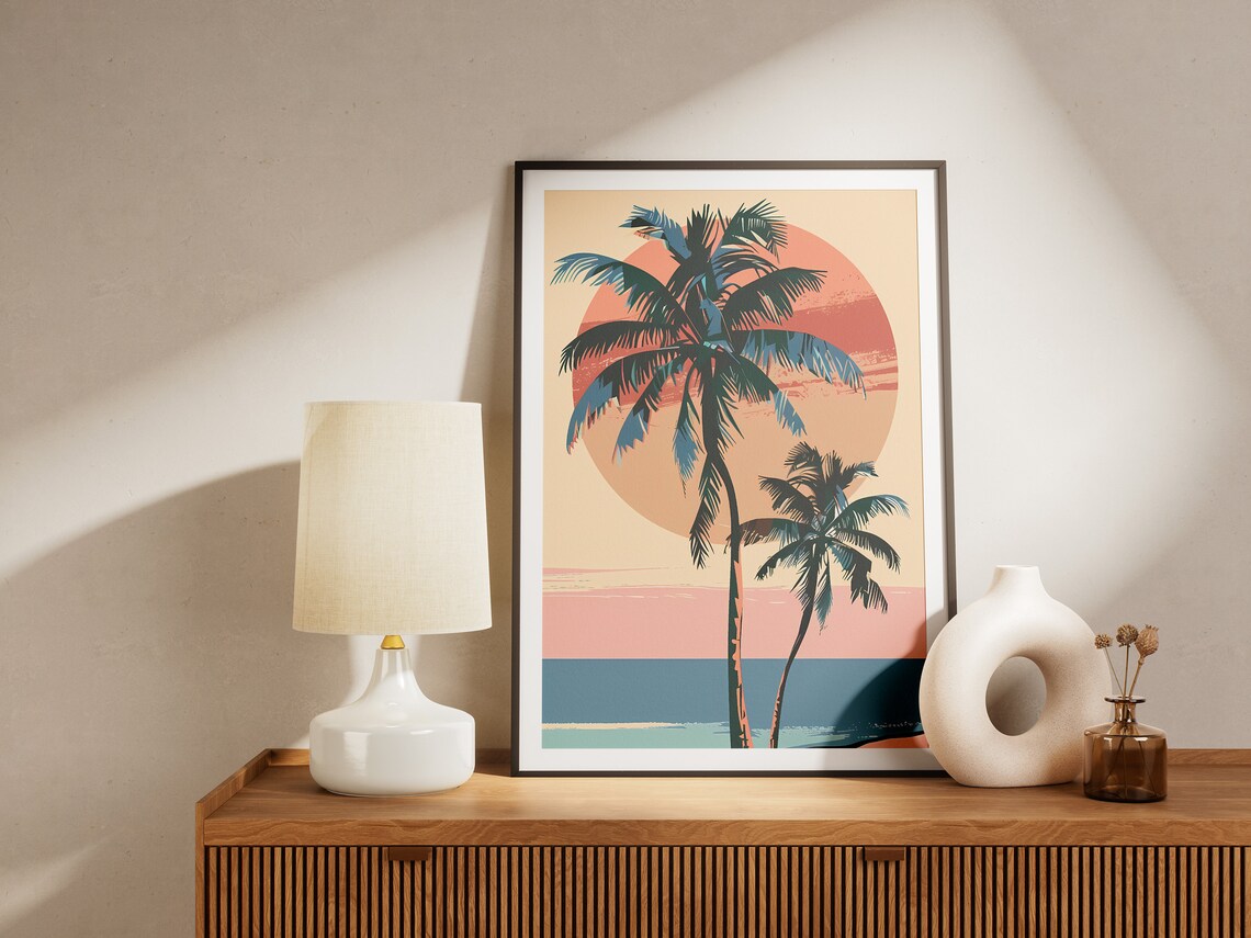 Retro Twin Palm Trees Island Sunset Beach Vintage Travel Poster - Image 2