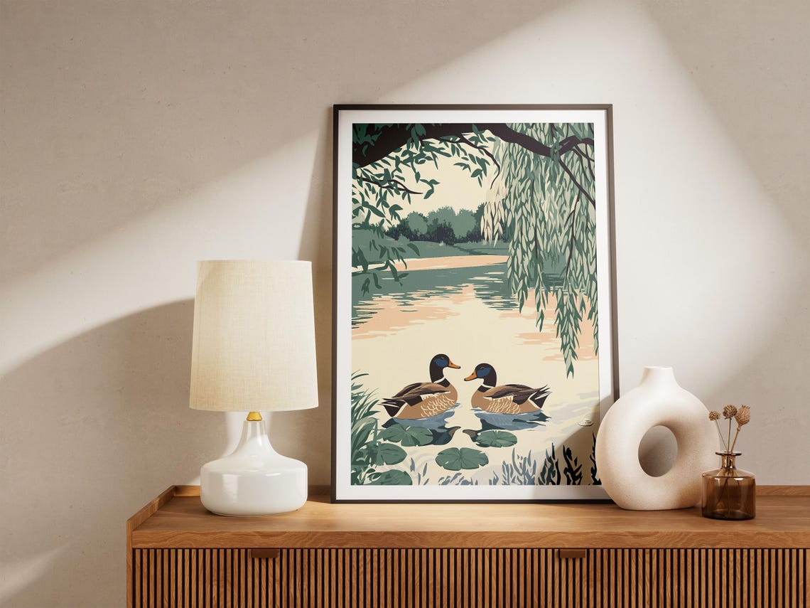 Two Ducks Under Willow Branches Calm Lake Illustration Poster - Image 5