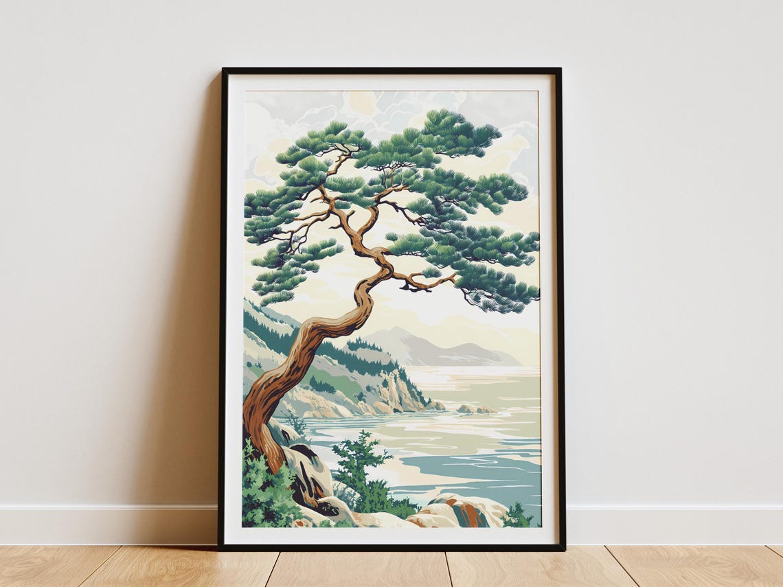 Windswept Coastal Pine Tree Over Ocean View Japanese Art Poster