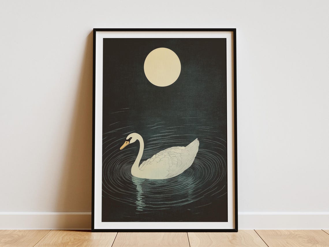 White Swan Gliding on Dark Water Under Full Moon Night Art Poster