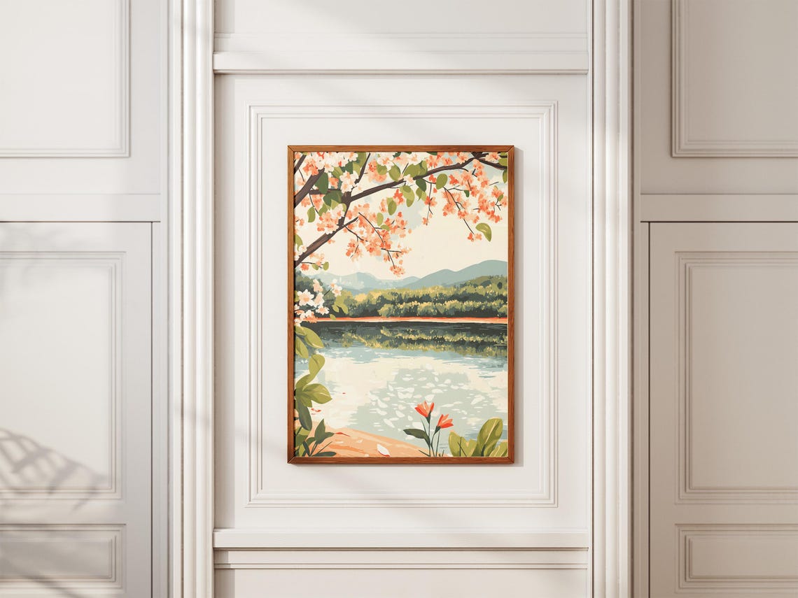 Blossoming Cherry Branch Over Calm Lake With Red Tulips Poster - Image 2