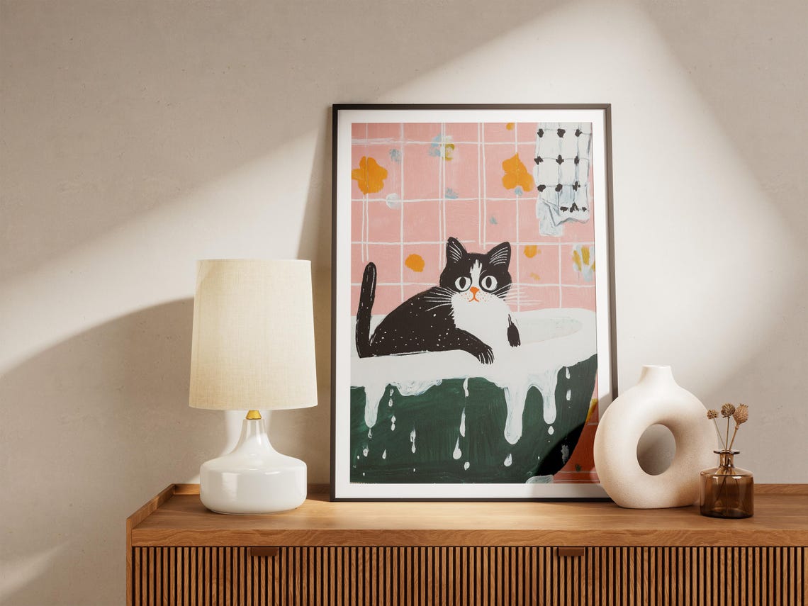 Cute Cat In Bubbly Bath Poster, Funny Pet Art - Image 4