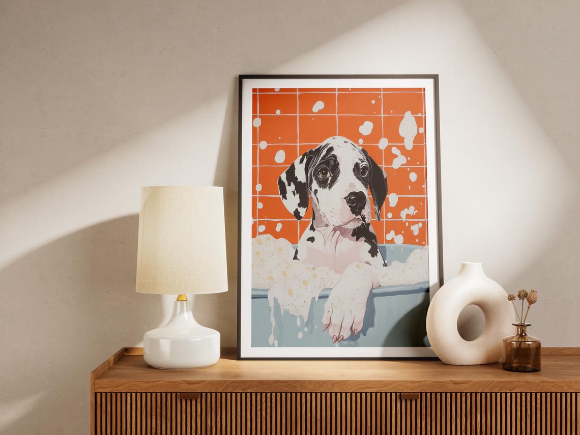 Great Dane Puppy in Bubble Bath Foamy Tub Cute Dog Wall Poster - Image 4