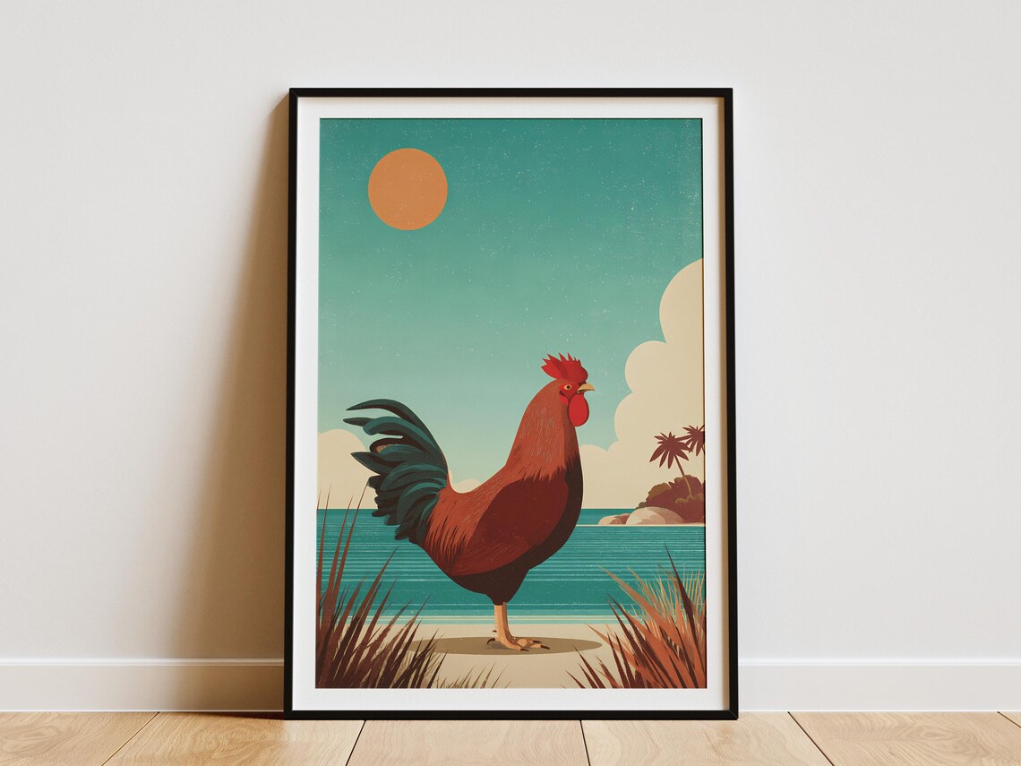 Rooster Tropical Beach Sunset Palm Trees Vintage Travel Poster