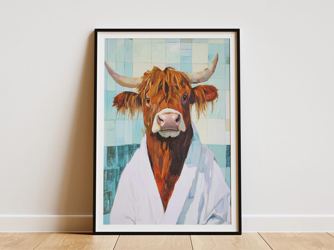 Highland Cow Wearing White Bathrobe Teal Tile Bathroom Poster