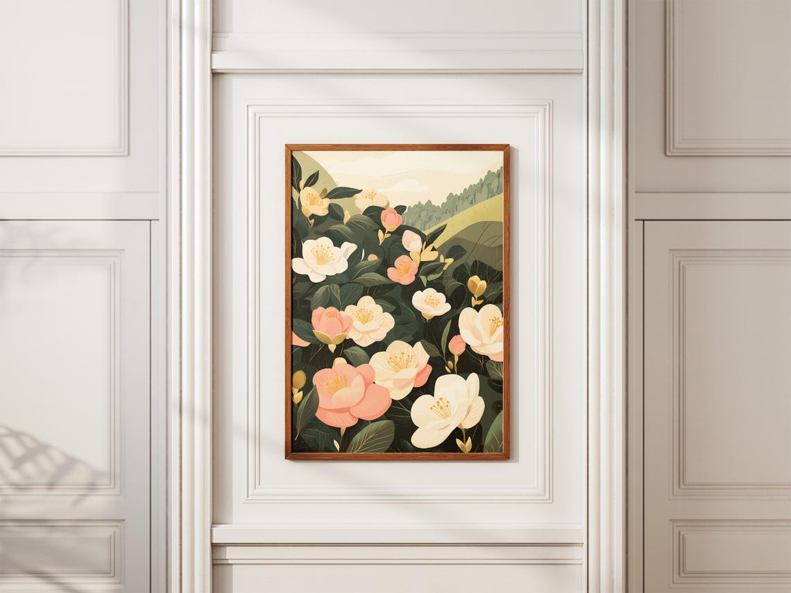 Pink White Camellia Blooms on a Sunny Hillside Garden Art Poster - Image 2