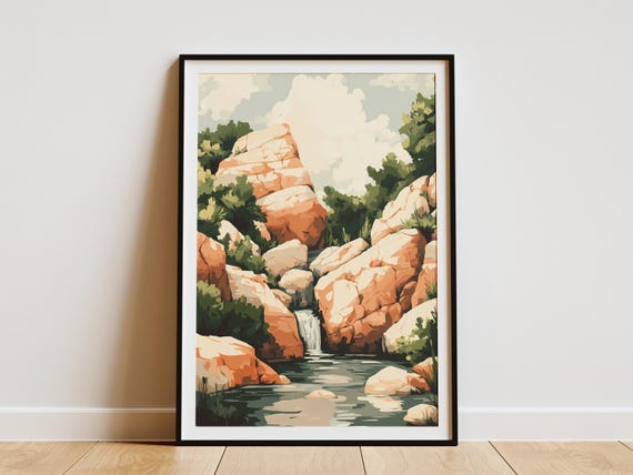 Waterfall Gorge Poster Nature Art Print Landscape Print Modern Art Print Calm Nature Scene Peaceful Waterfall Stream Poster Rocky Gorge